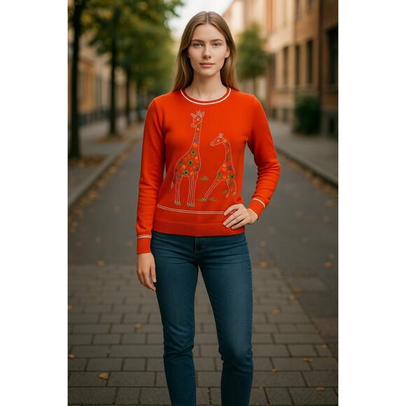 2/$30 Vintage Giraffe Sweater Size S Neon Orange Red Embroidered Rochelle - Picture 8 of 8